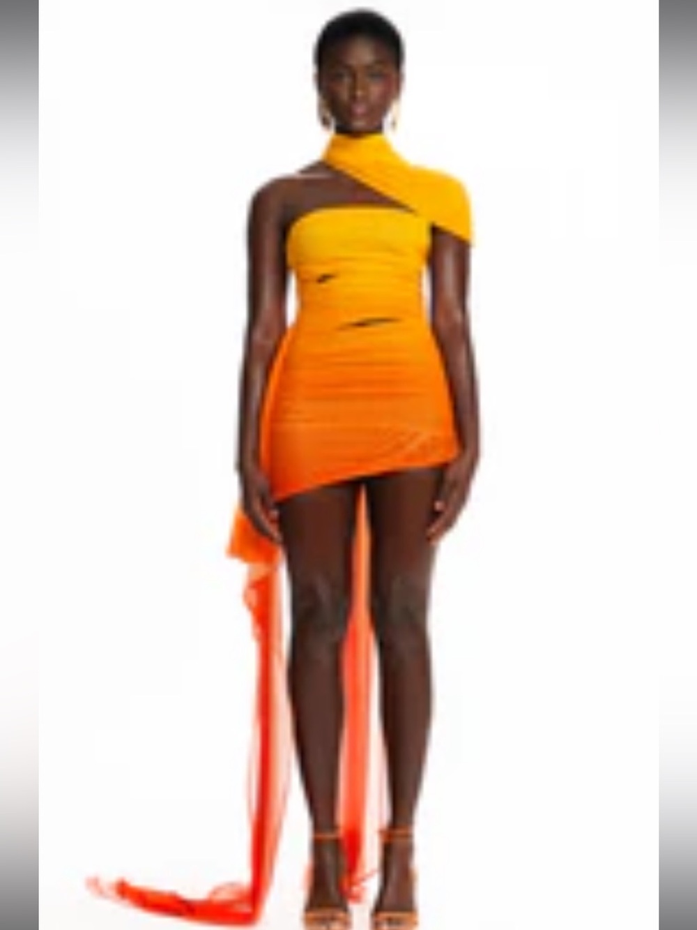 One-Shoulder High-Low Orange Mini Dress with Draped Train